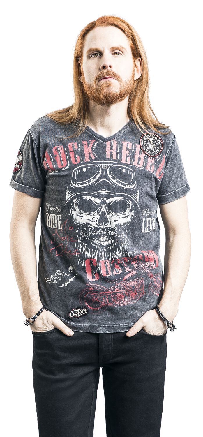 T-Shirt Noir Col En V & Imprimé | Rock Rebel by EMP T-Shirt Manches courtes
