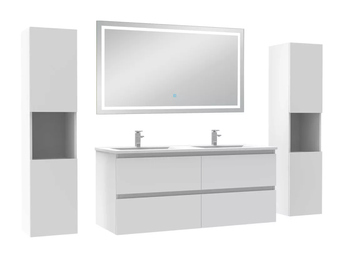 Ensemble meubles Salle de Bain 120cm avec colonne et miroir lumineux 3 couleurs et dimmable blanc