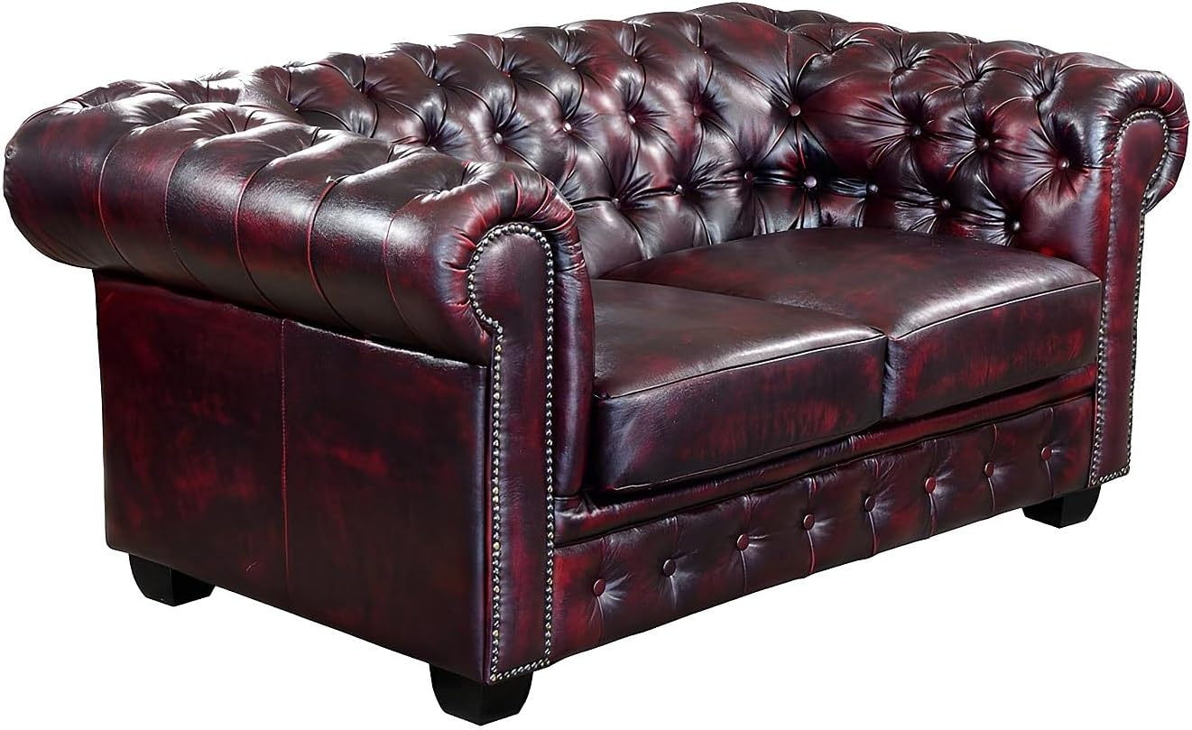 Vente-unique Chesterfield Ledersofa 2-Sitzer Brenton - Vintage Leder - Rot-Schwarz