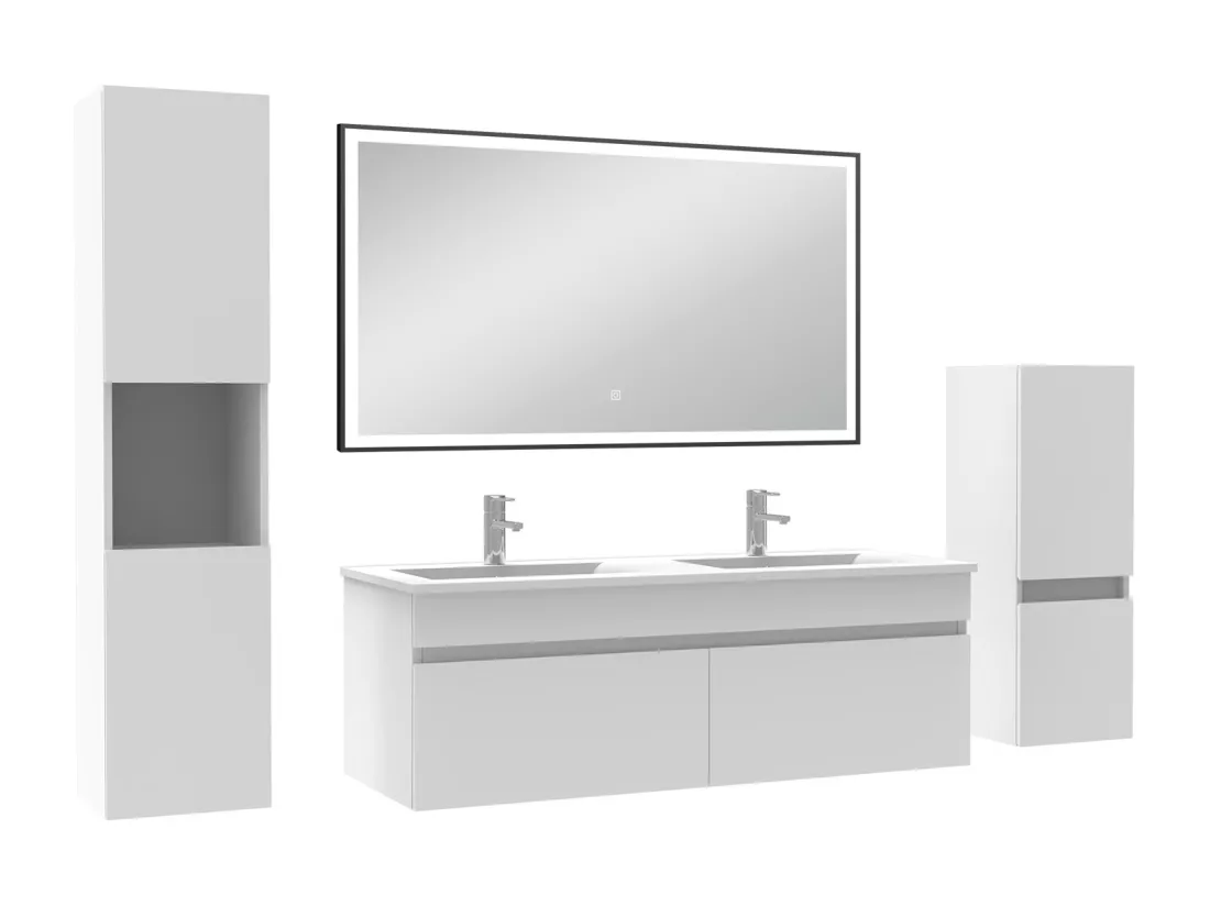 Meuble double vasque 120cm avec colonne et miroir lumineux 3 couleurs et dimmable blanc