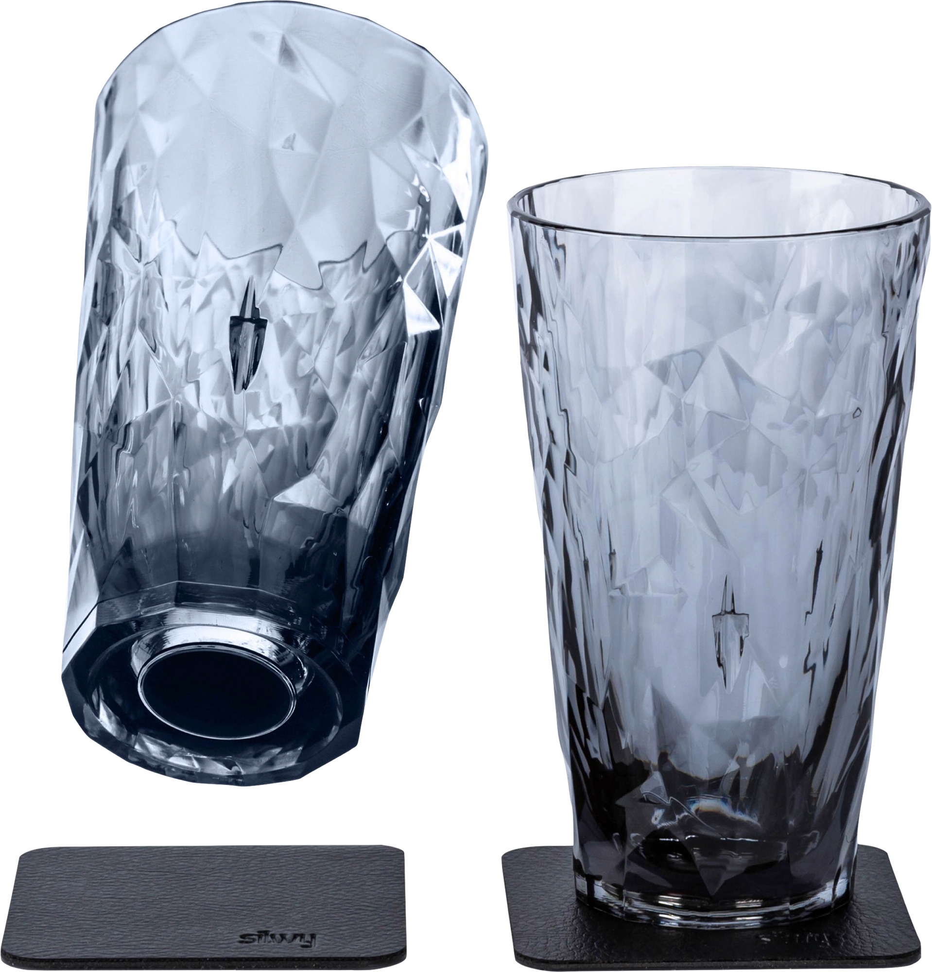 Silwy Longdrink Magnet-Kunststoffgläser inkl. metallische Gel-Untersetzer 6 Stück Grau (300 ml)