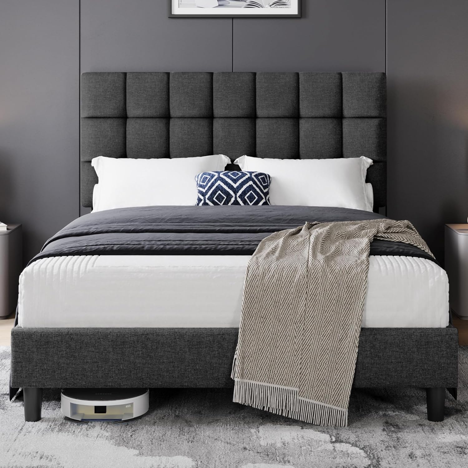 Yaheetech Polsterbett 140 x 200 cm Doppelbett mit Höhenverstellbarem Kopfteil, Stabiler Bettrahmen Stoffbett mit Lattenrost, Gepolstertes Bettgestell Jugendbett, Dunkelgrau IM8160208