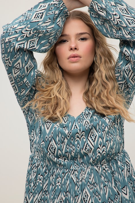 Minikleid, A-Line, Tribal Print, V-Ausschnitt, Langarm