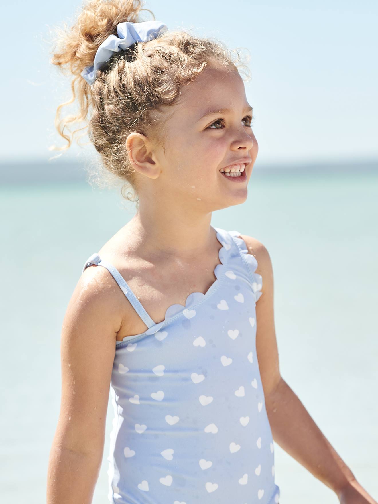 Maiô com estampa de corações + scrunchie, para meninas, estampa azul clara