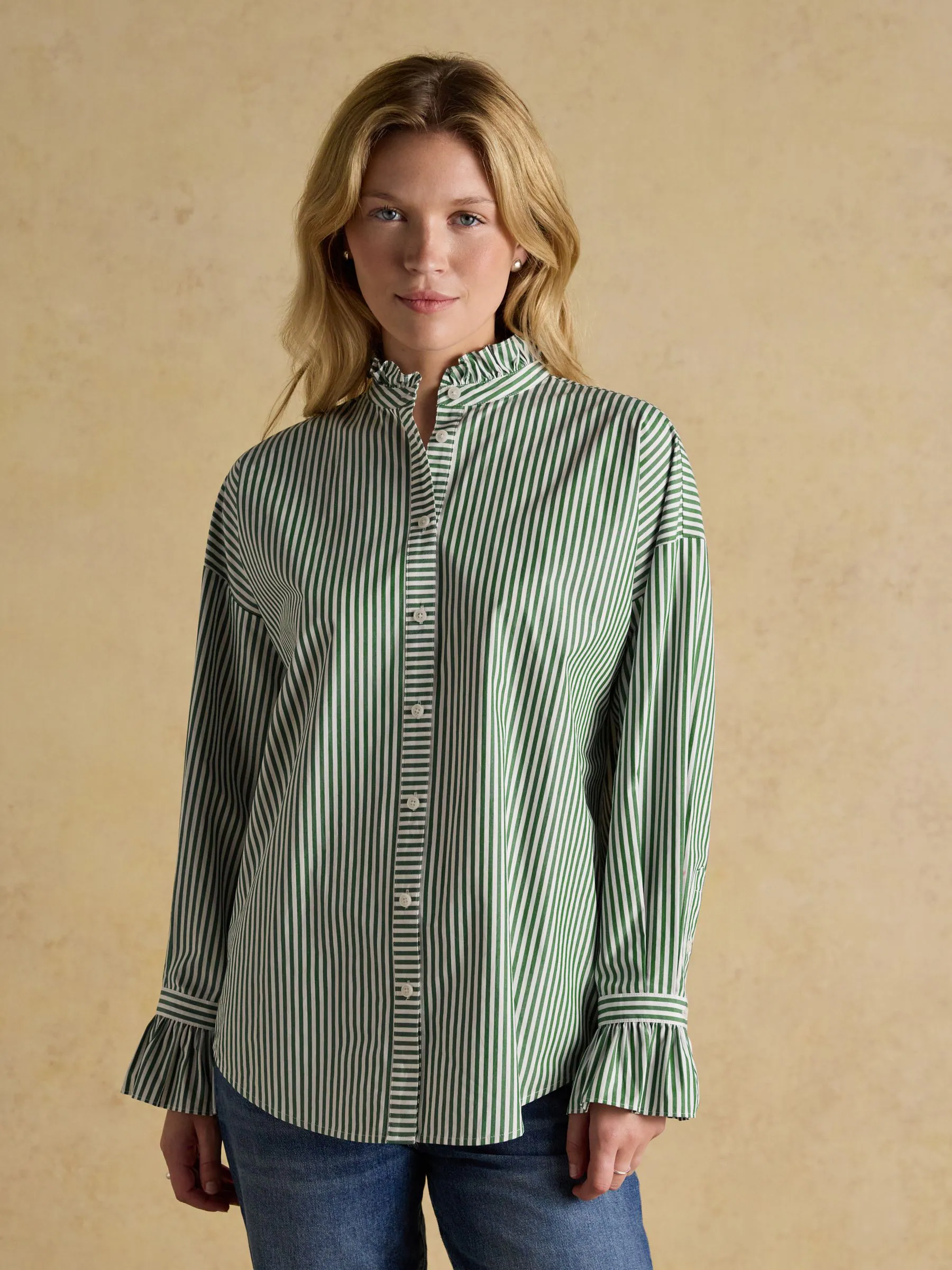 Groen, wit - Joules Mae Oversized Frill Neck Stripe Shirt