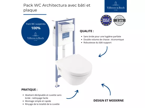 Pack WC sans bride VILLEROY ET BOCH Architectura avec abattant + bâti-support sol et mur Viconnect PRO + plaque blanche