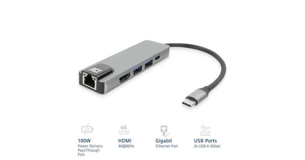 ACT ConnectivityUSB-C 4K docking station voor 1 HDMI monitor, ethernet, USB-A, PD pass-through  (Grijs)