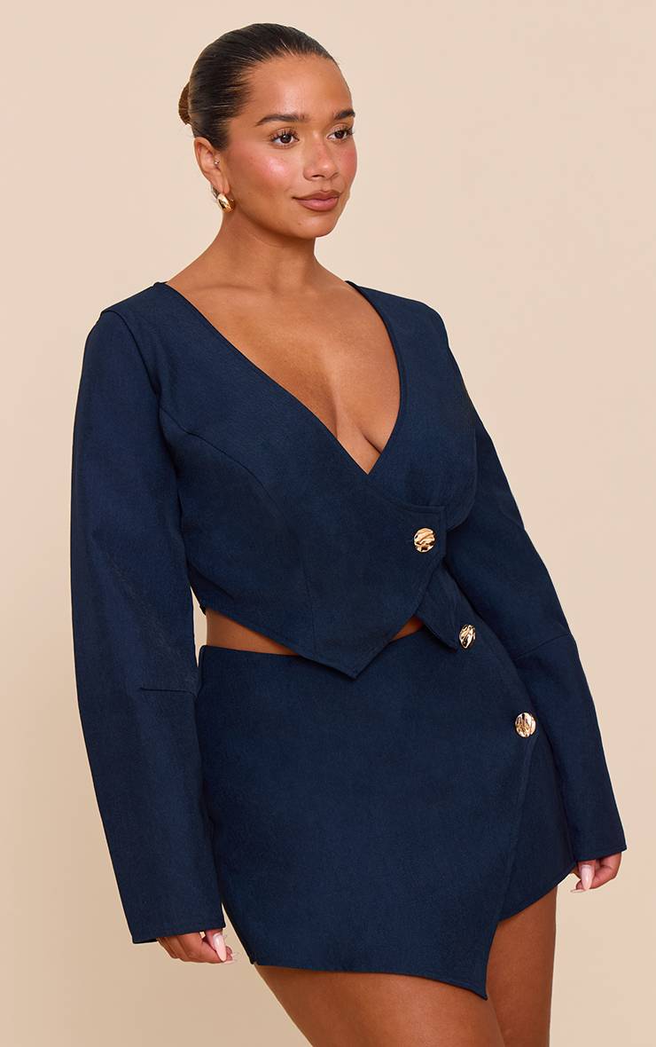 Bleu Marine Jupe-short Coordonnée Asymétrique Martelée À Boutons Shape