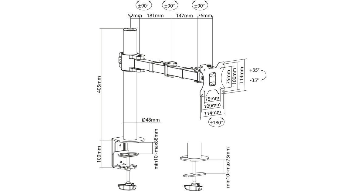 ACT ConnectivityMonitorarm office solid pro, 1 scherm  (Zwart)