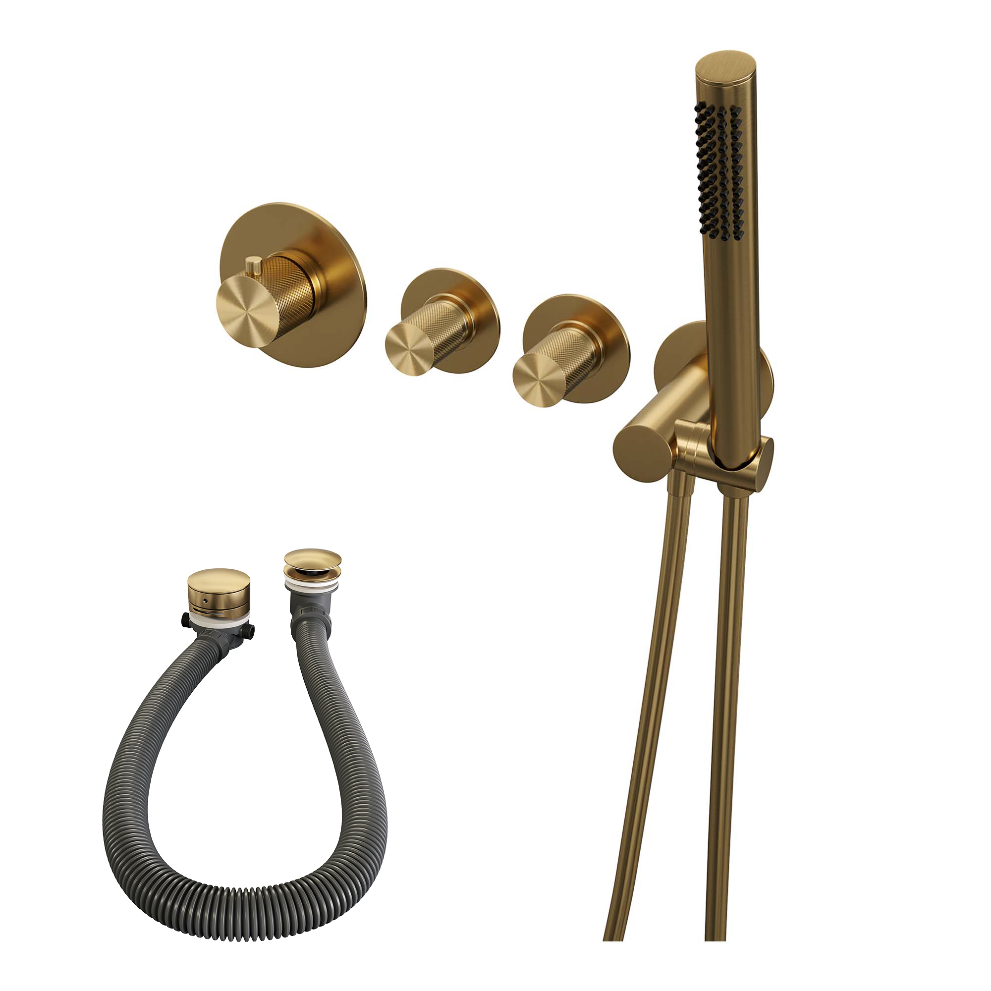 Brauer Gold Carving inbouw badkraan met badvulcombinatie en staafhanddouche geborsteld messing PVD