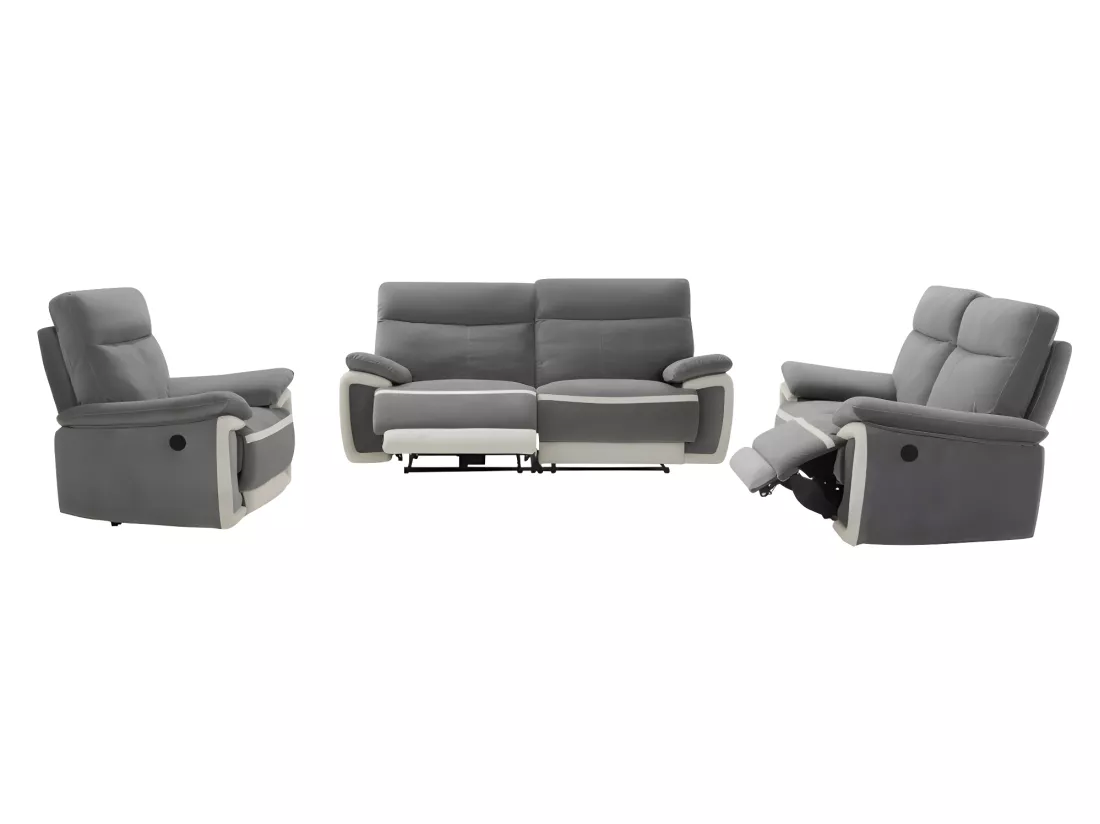 Canapés 3 places 2 places et un fauteuil relax électrique en velours METTI - Gris et bandes écru