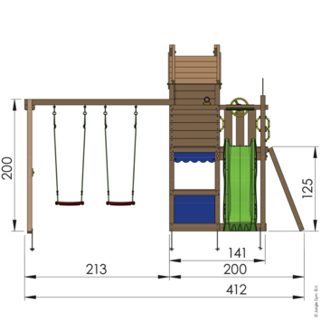 Speeltoestel Jungle Gym Resort met groene glijbaan en dubbele schommel van douglashout