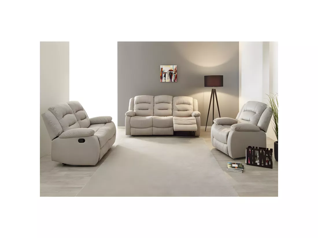 JANS - Canapé Relax Manuel 3 Places Tissu Beige
