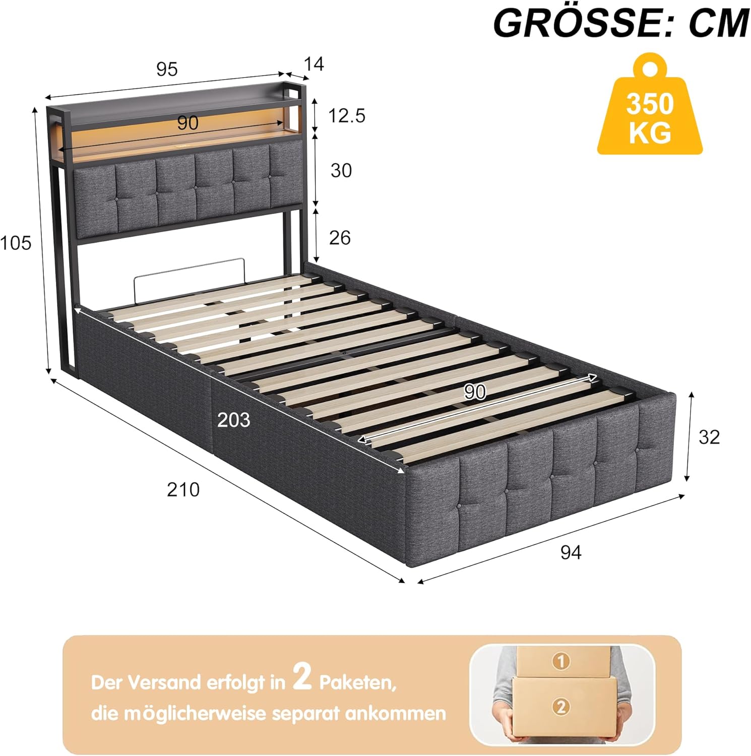 Bettgestell 90x200,boxspringbett mit LED,Einzelbett mit Stauraum,hydraulisch stauraumbett gepolstertes Bett,Funktionsbett Jugendbett mit USB,Polsterbett für 1 Person (Grau+Leinen)