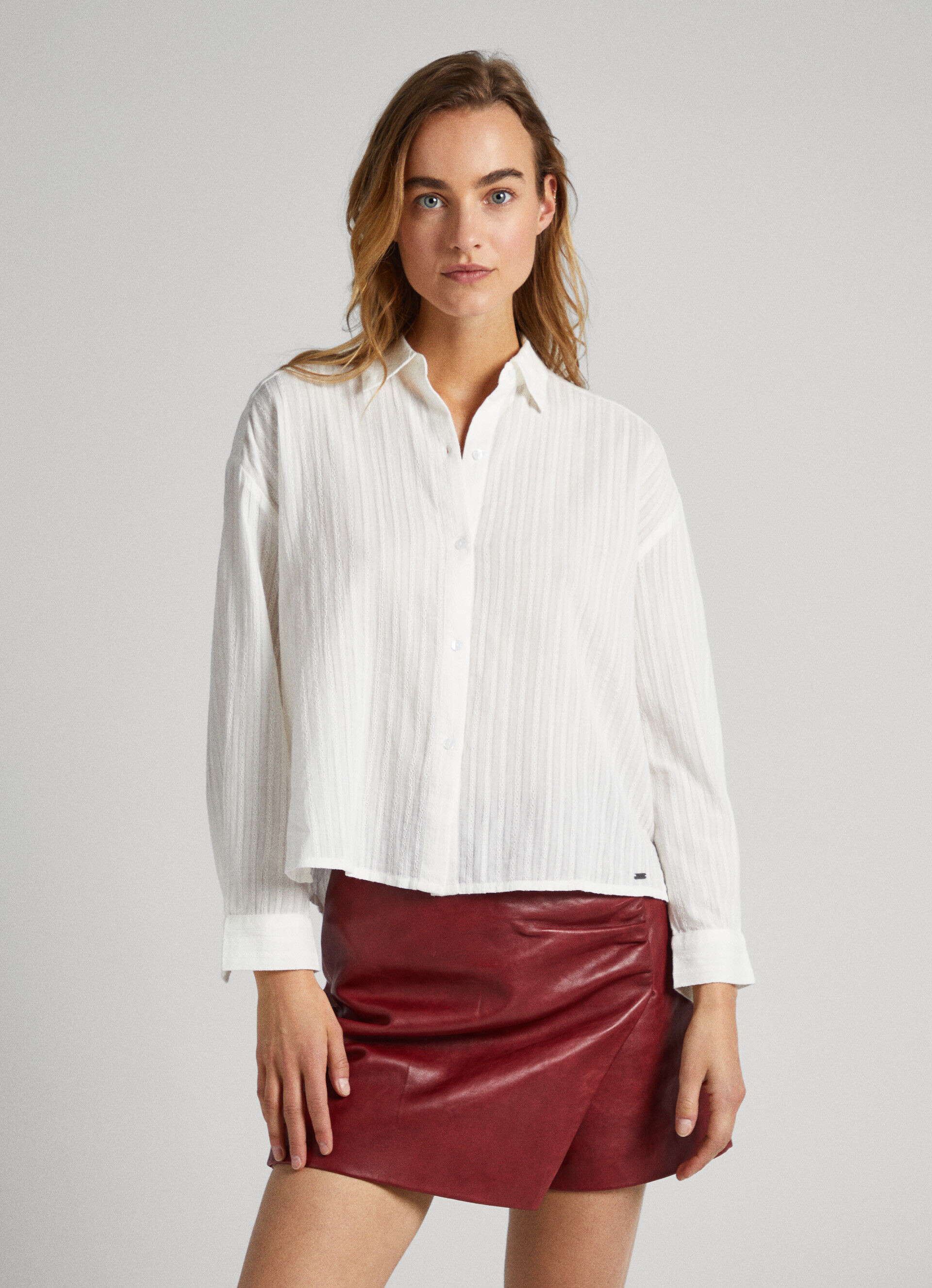 Camisa de algodão listrada Dobby - branco mousse