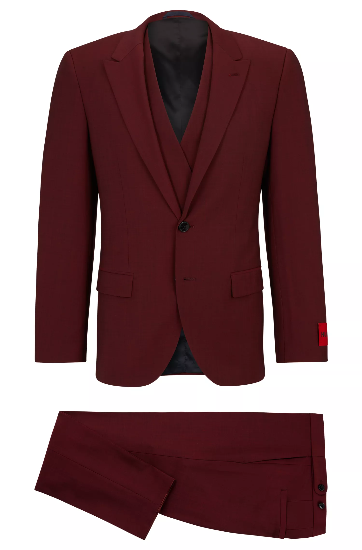 Terno HUGO vermelho de três peças, corte slim, em tecido elástico de alta performance.