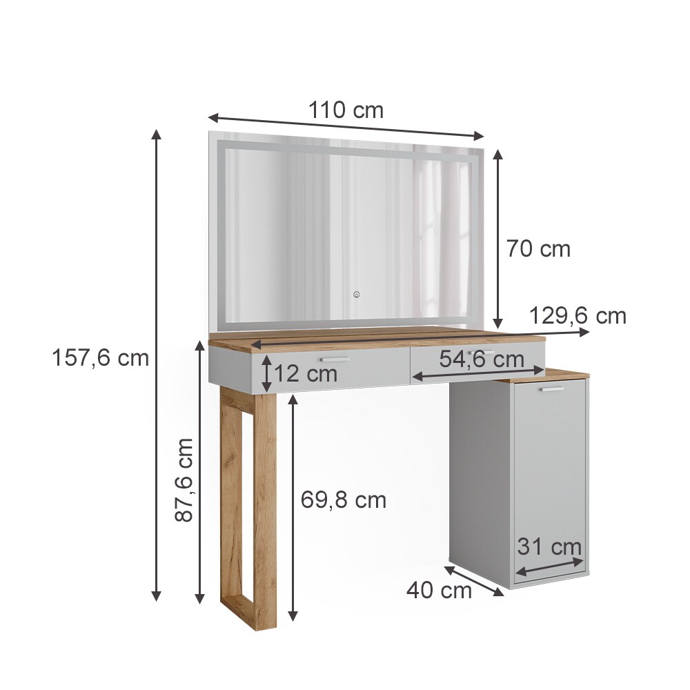 Vicco Schminktisch Regina Weiß Eiche 130 cm mit LED-Spiegel