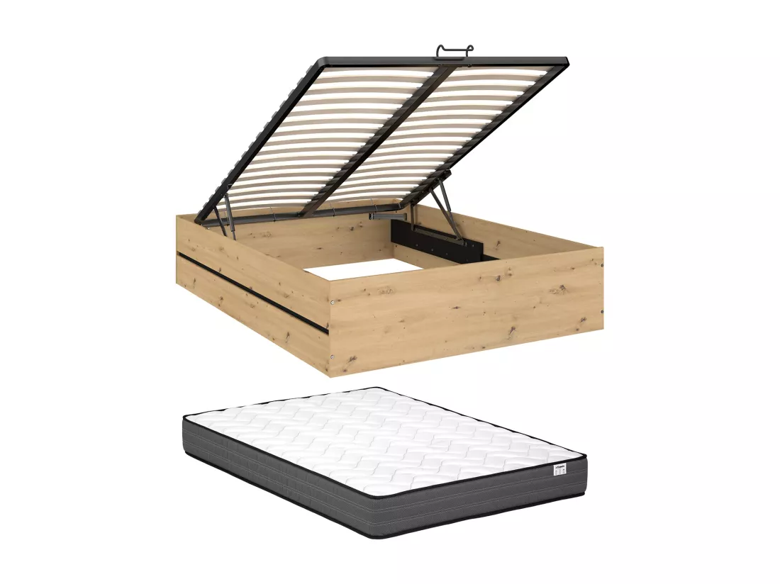 Lit coffre 140 x 190 cm - Coloris : Naturel et noir + Matelas - LUDARO