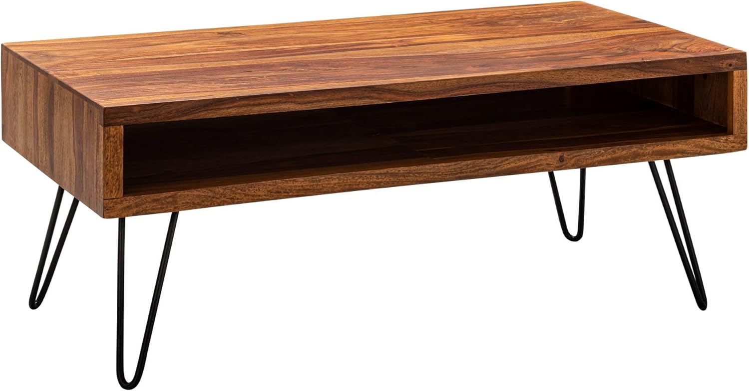 FineBuy Couchtisch Sheesham Massivholz 100 cm – Wohnzimmertisch rechteckig mit Ablage im Industrial Design, Handgefertigter Holztisch auf schwarzen Hairpin Metallbeinen Braun