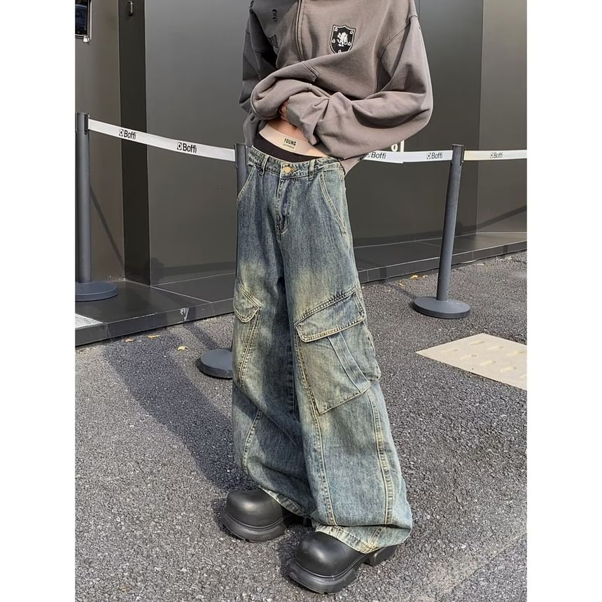 Kenning - Low Waist Washed Wide Leg Cargo Jeans