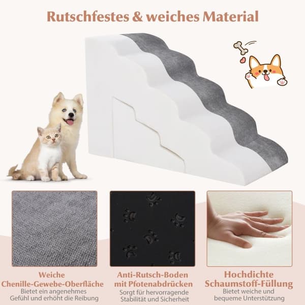 5- og 3-trinns hundetrapp med Chenille-stoffoverflate og kjæledyrhårbørste sklisikre grå