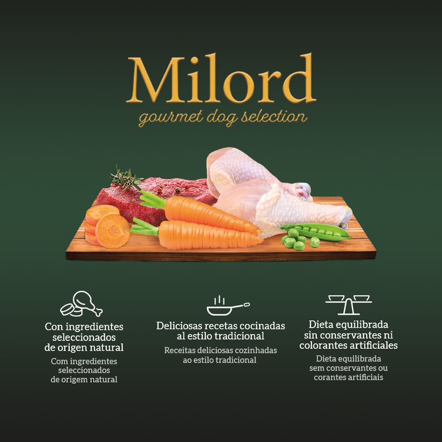 Pacote de sachês para cães Milord Homestyle de carne bovina e frango ao molho