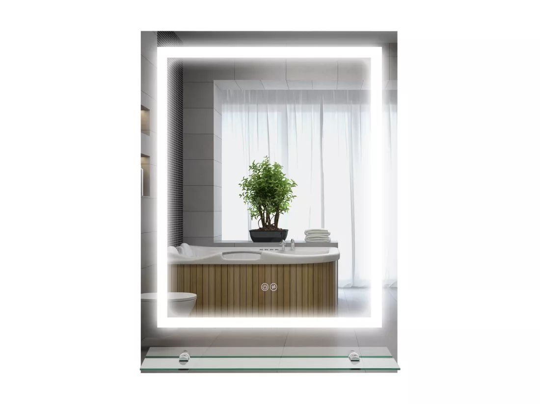 Miroir lumineux LED 43W antibué réglable interrupteur tactile étagère intégrée 60L x 14P x 80H cm