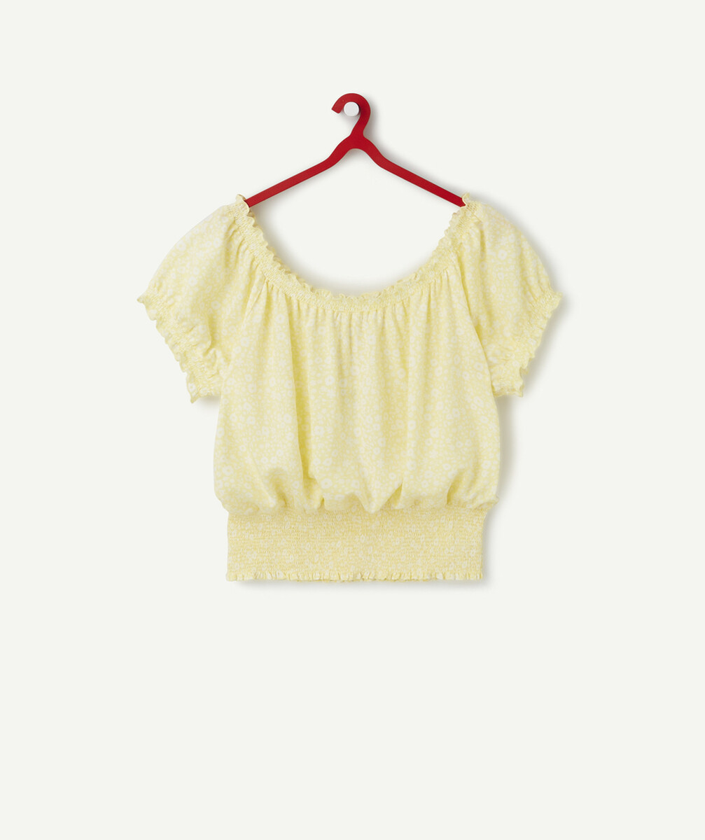 LE T-SHIRT JAUNE FLEURI EN VISCOSE AU COL BATEAU