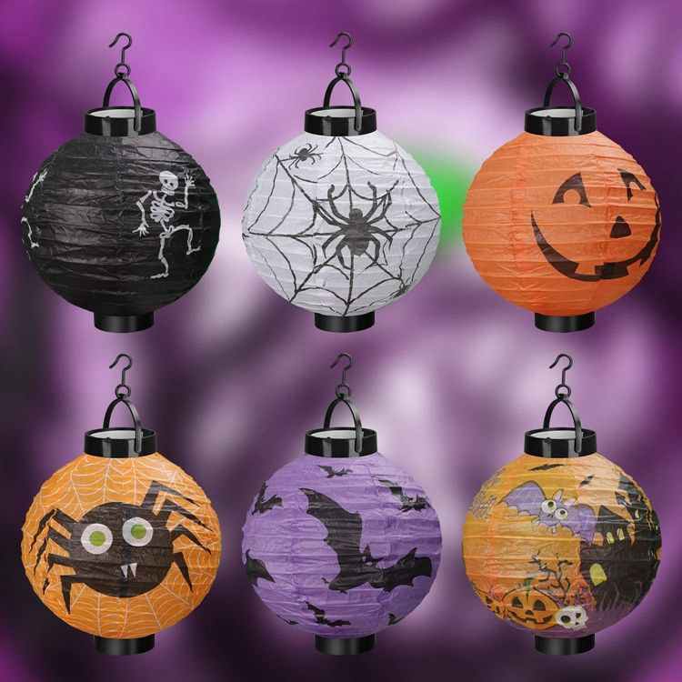 (6er Set) Ø20cm Halloween Party Lampion LED Herbst Deko Beleuchtung (Batteriebetrieben) - Kürbis / Spinne / Skelett / Fledermaus