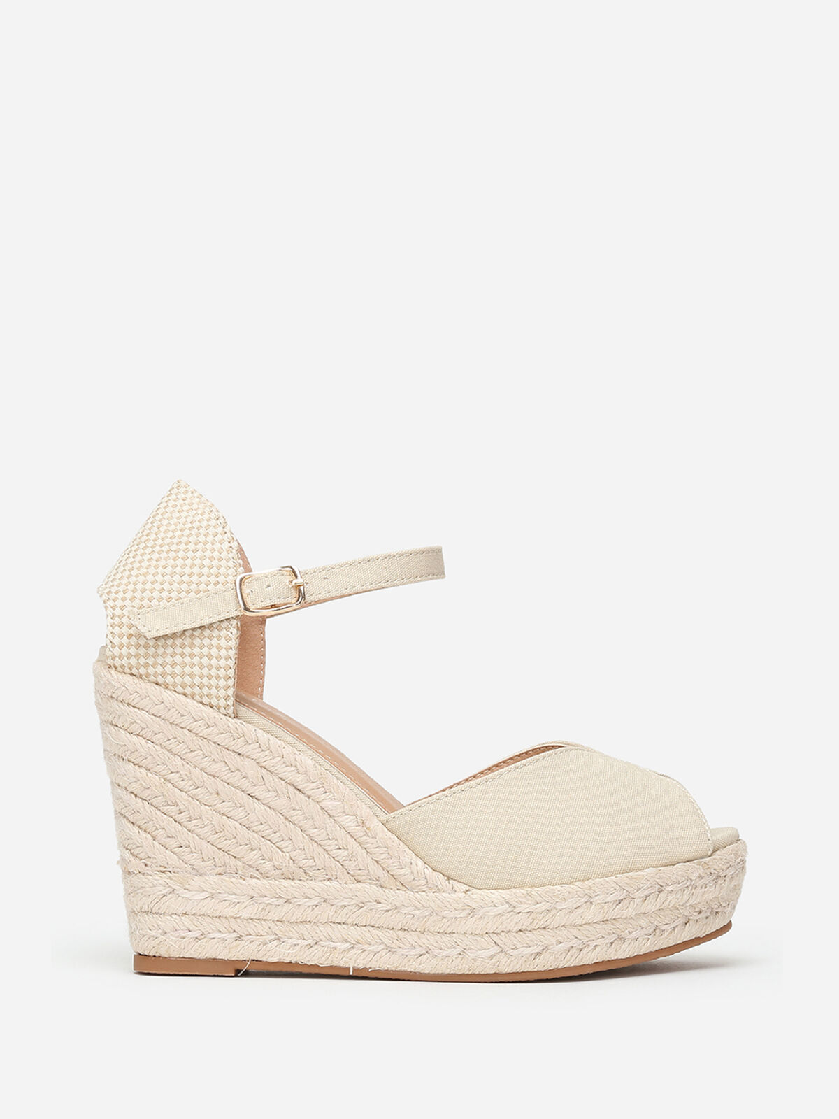 Espadrilles compensées peep toes en toile- Beige