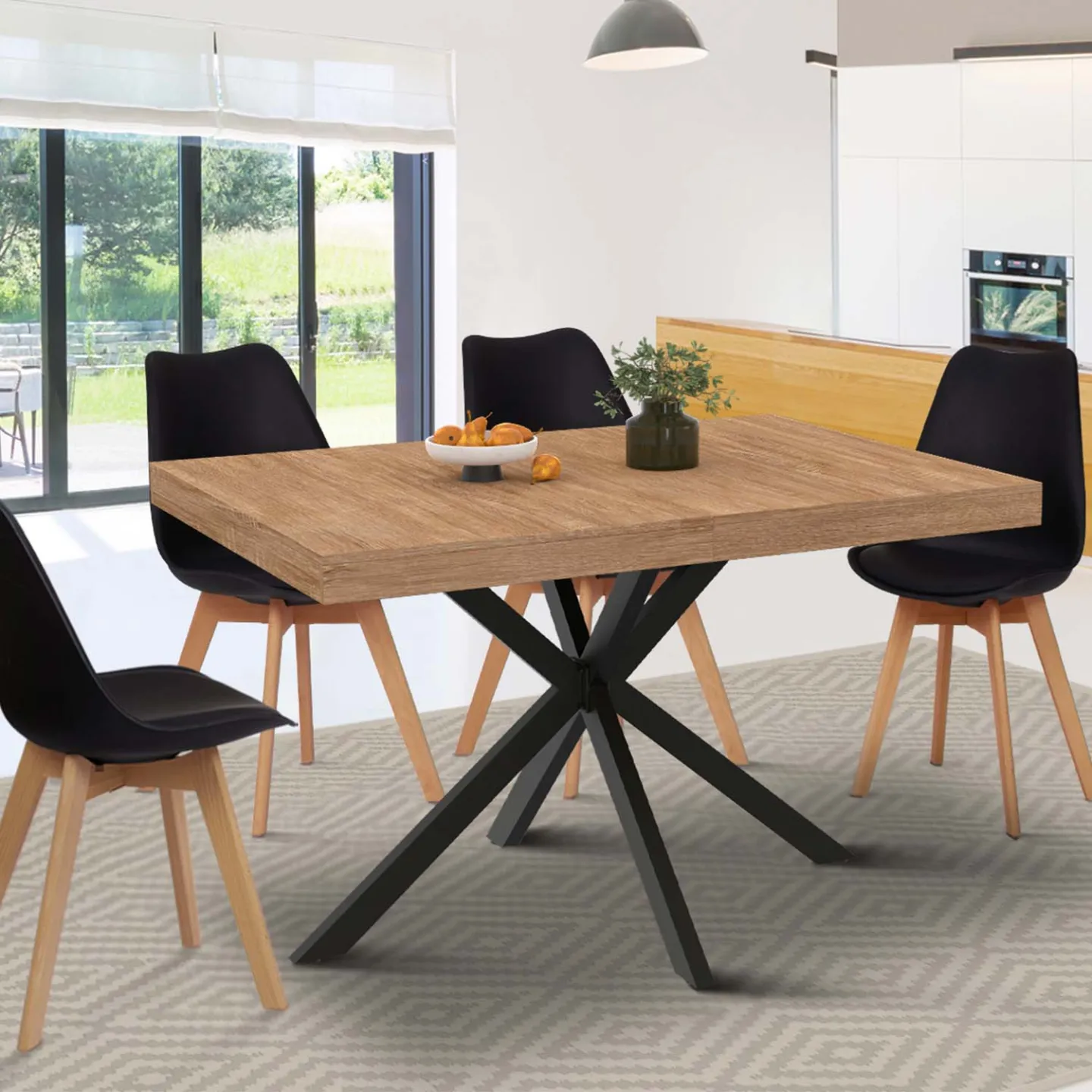 Table à manger rectangle ALIX 6 personnes pied araignée bois et noir 110 cm
