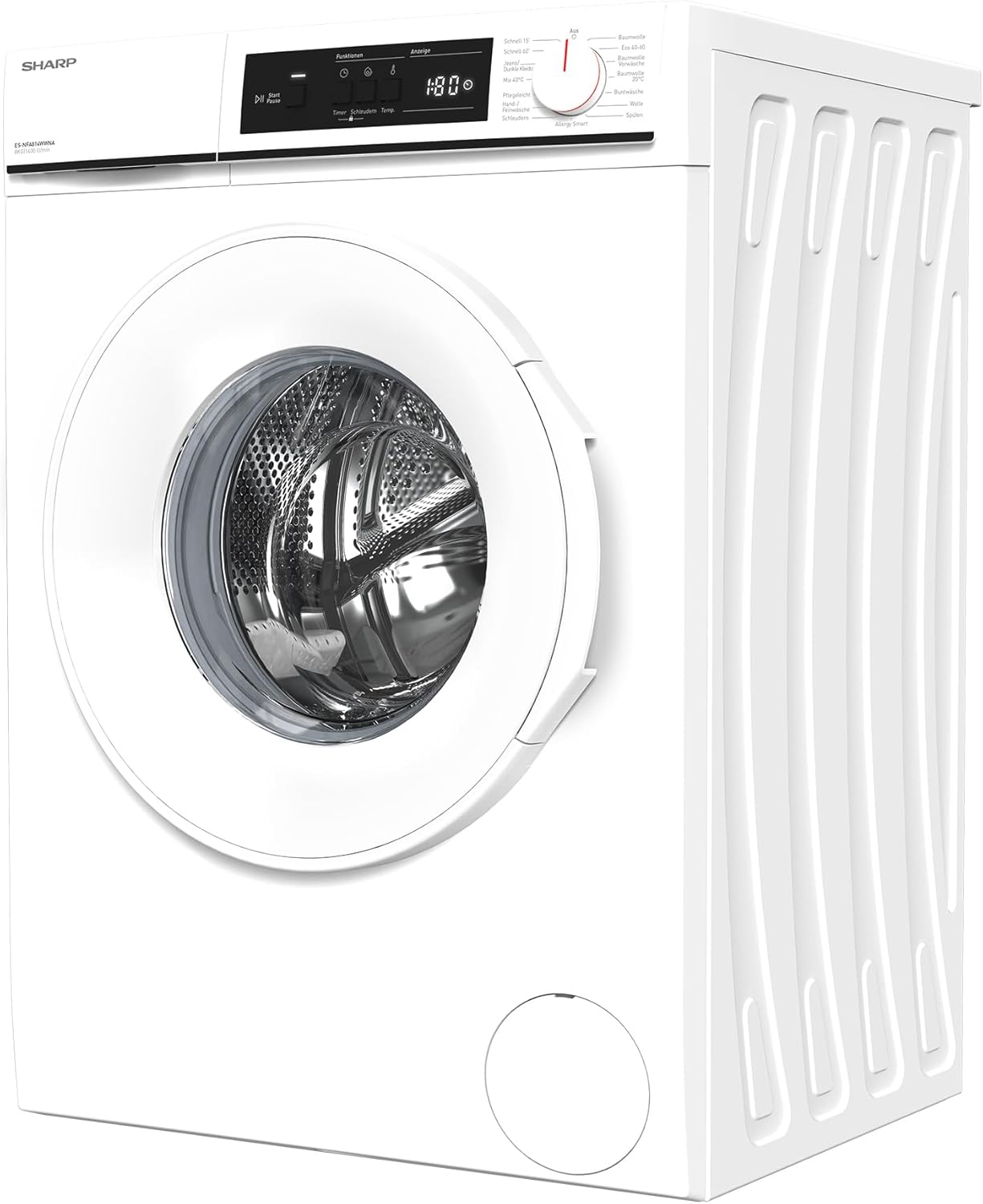 Sharp ES-NFA814WWNA-DE Waschmaschine Frontlader/A / 8 kg / 1400 U/min/Inverter Motor / 15 Programme inkl. 12 min Kurzprogramm/AquaStop/Weiß