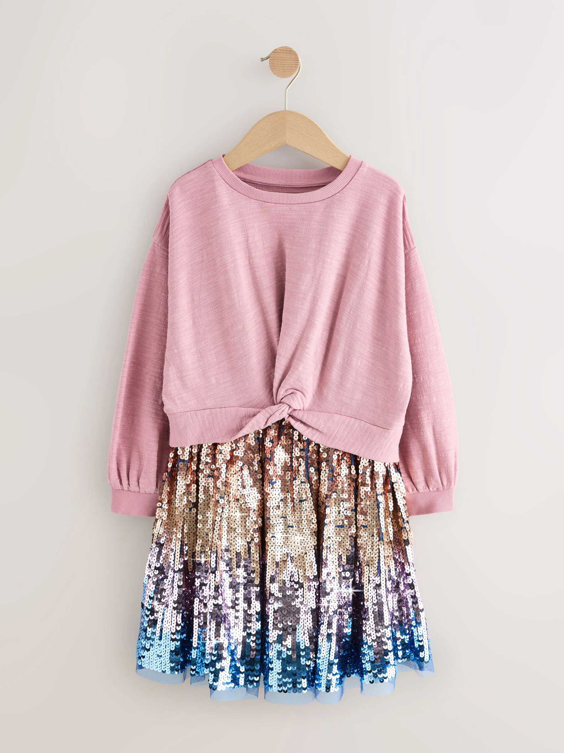 Roze - Jurk met lange mouwen en paillettenrok (3-12jaar)