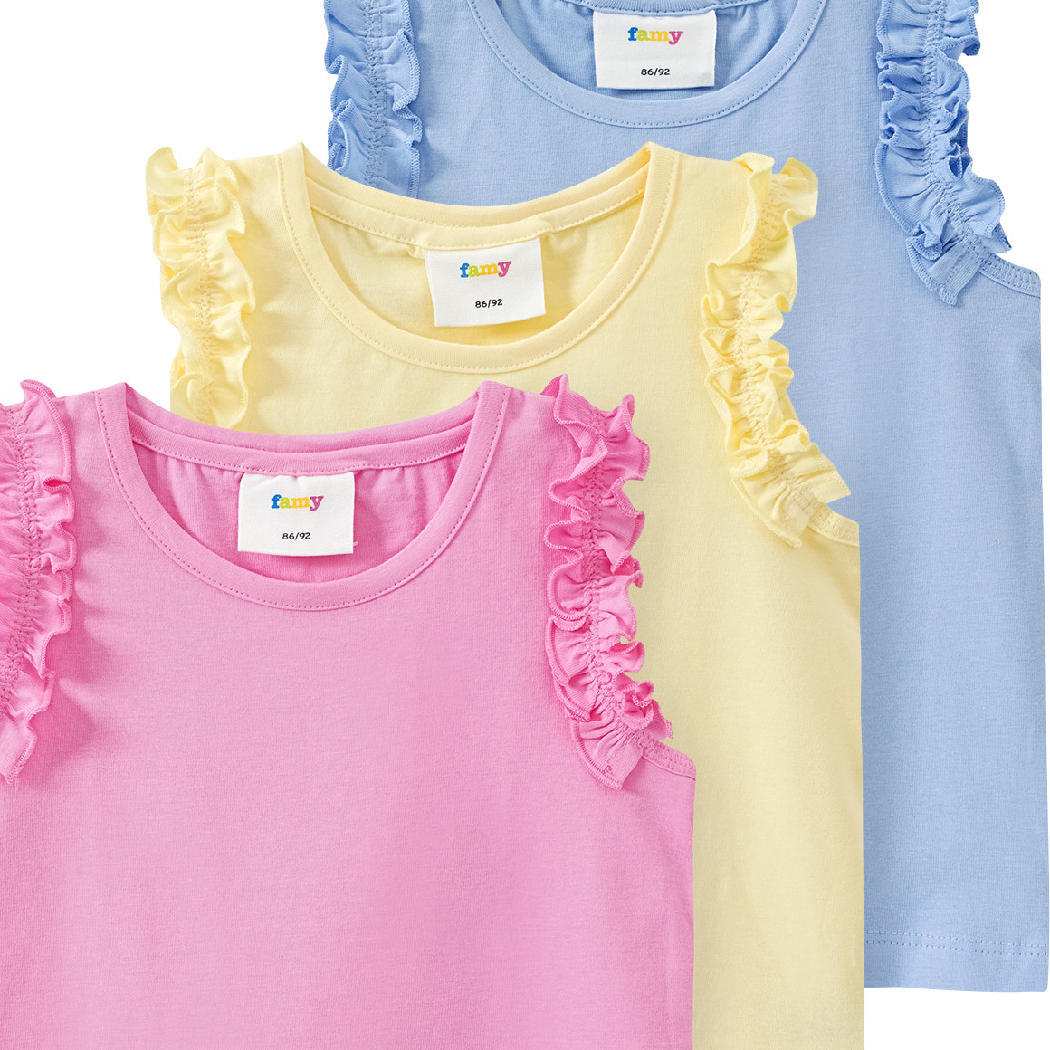 Famy 3 Mädchen Tops im Basic-Look rosa / hellgelb / hellblau