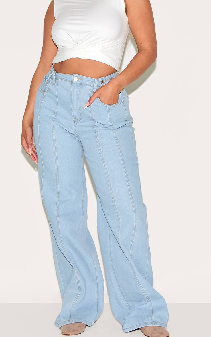 Bleu Clair Jean Taille Haute Jambes Larges En Denim Stretch Sculptant Avec Bouton Ajustable