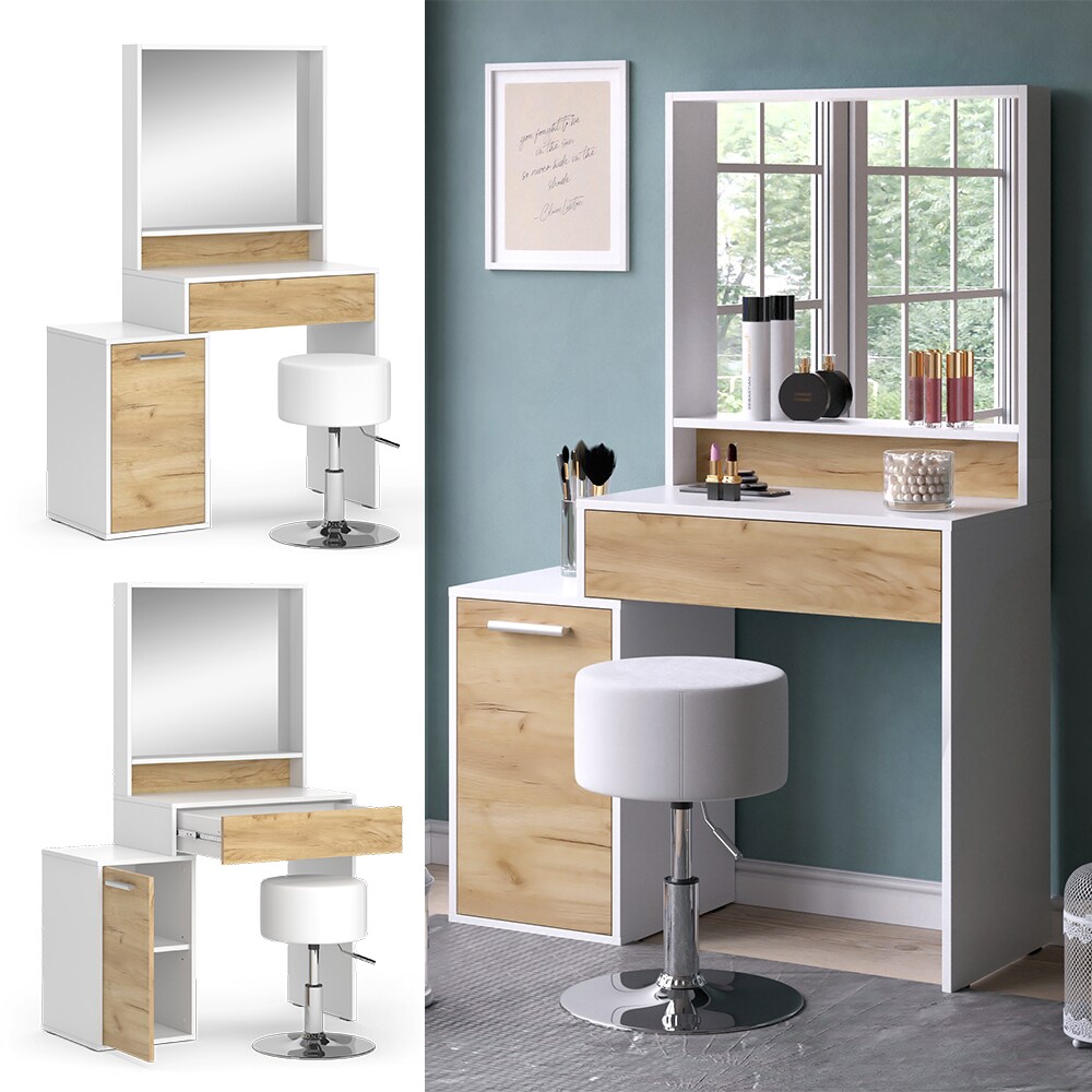Vicco Schminktisch Altea 95 x 145 cm Weiß Eiche Frisiertisch Spiegel Hocker