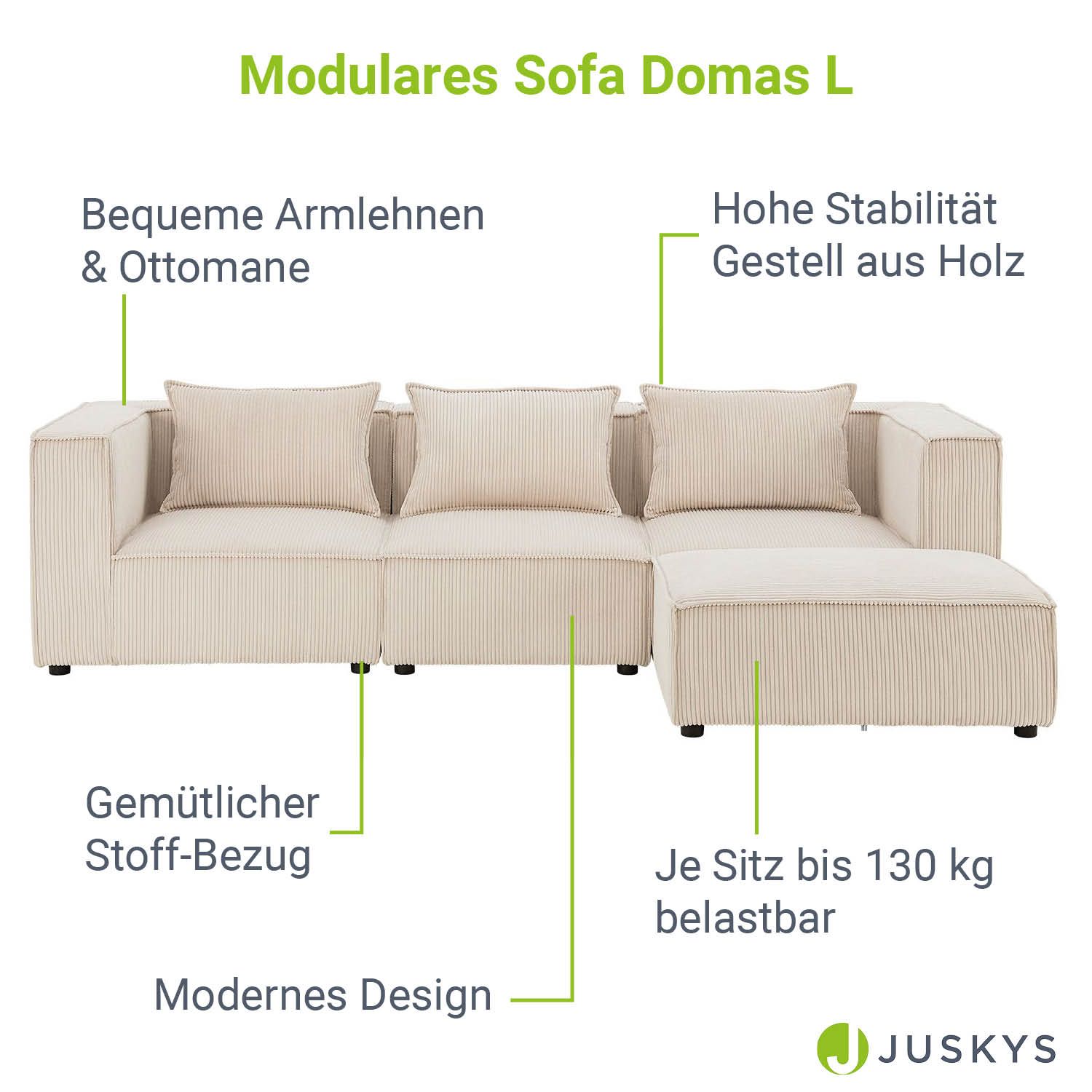 Juskys modulares Sofa Domas L - Couch Wohnzimmer - 3 Sitzer - Ottomane & Kissen - Cord Beige