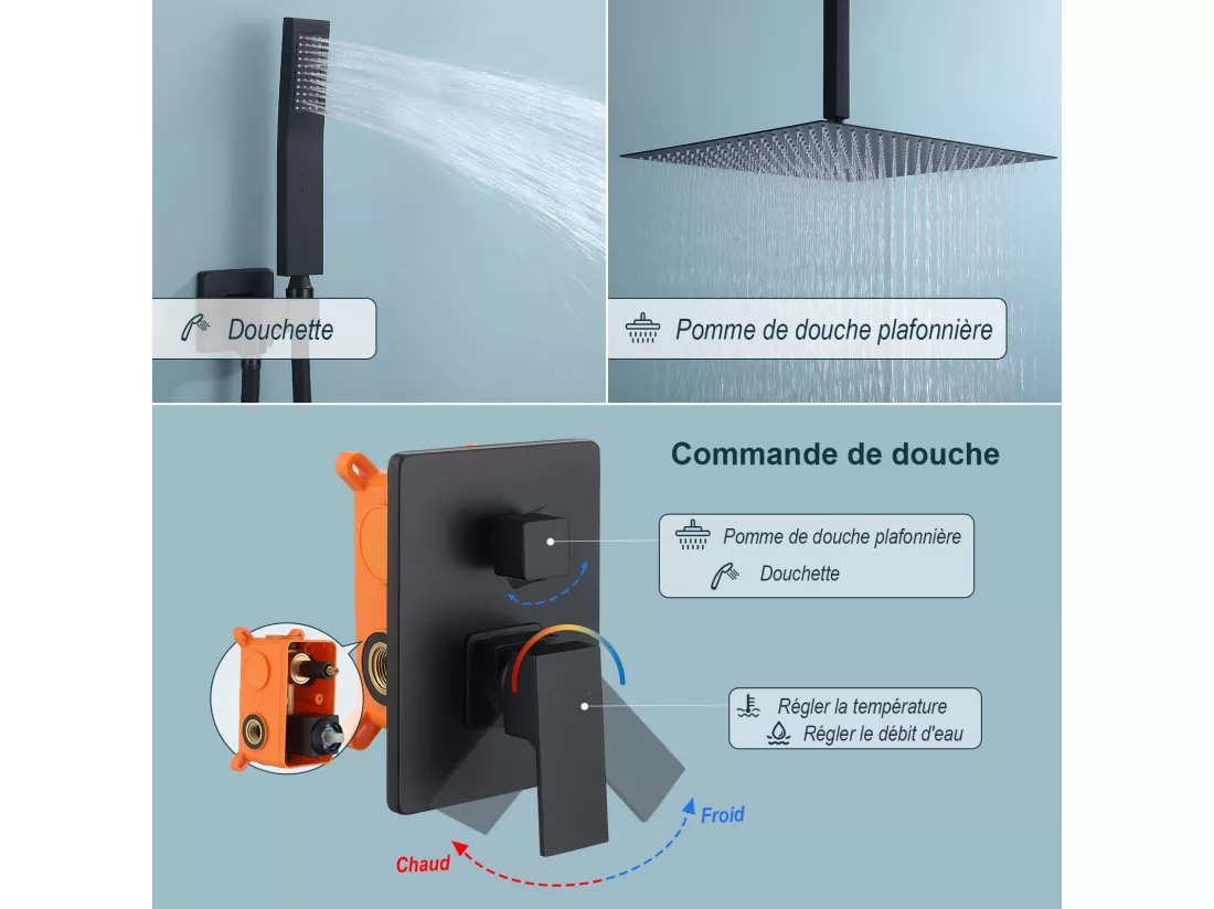 Colonne de Douche Encastrée Ensemble de Douche Mécanique avec Grande Tête de Douche Carrée 16