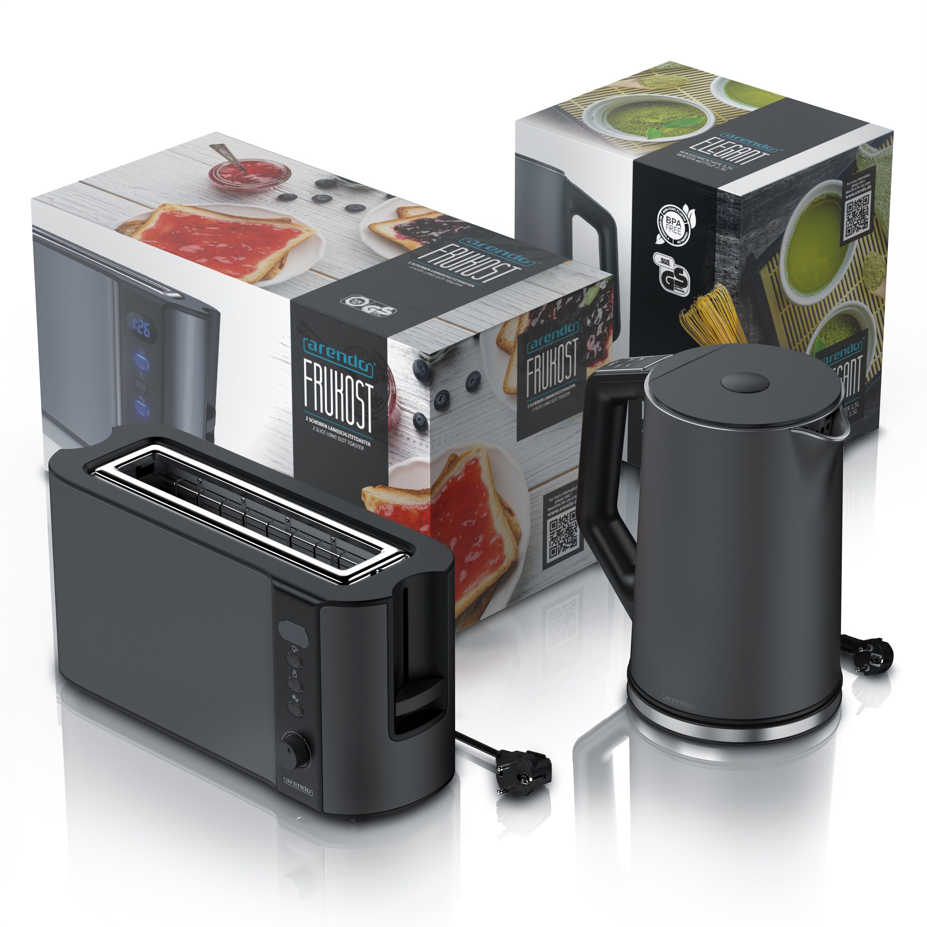 Arendo Frühstücks-Set, 1,5L Edelstahl Wasserkocher & 2-Scheiben Langschlitz Toaster, Grau
