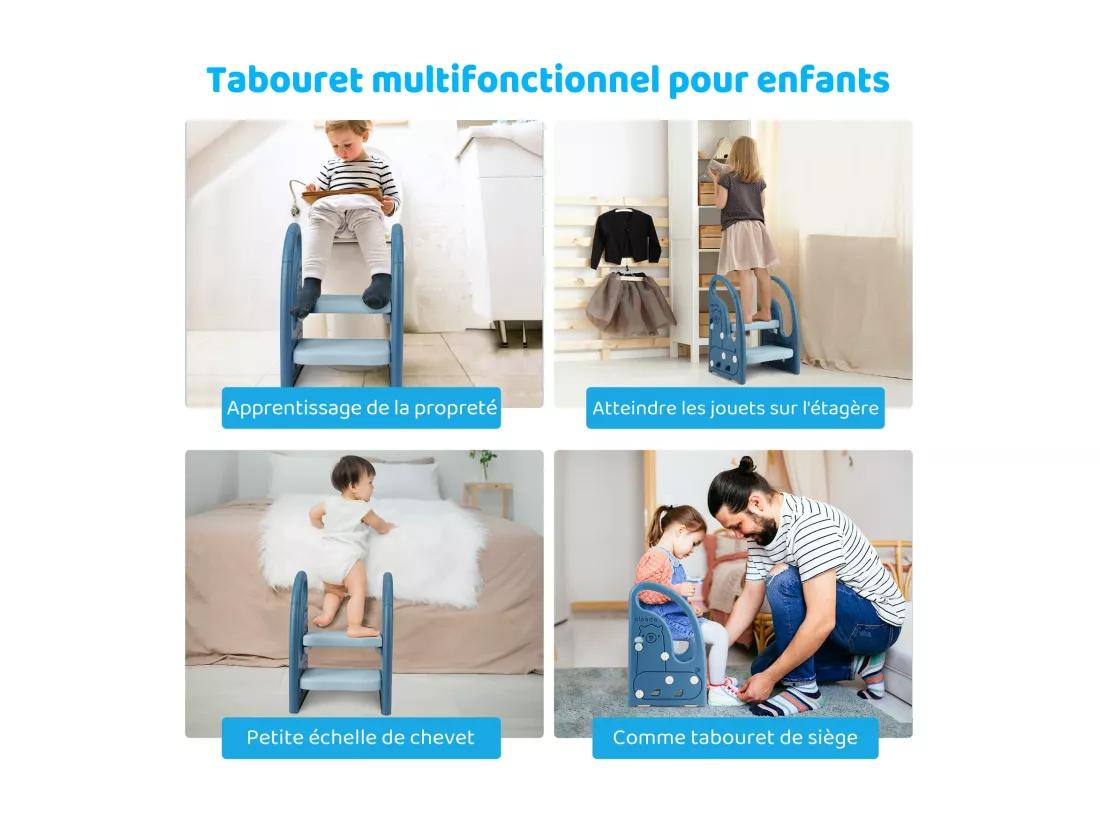 Marchepied pour Enfant Bébé avec 2 Marches Antidérapant, Réglable en Hauteur, Marche Pied Multifonction Stable avec Poignées, De 1.5 à 5 Ans, Bleu