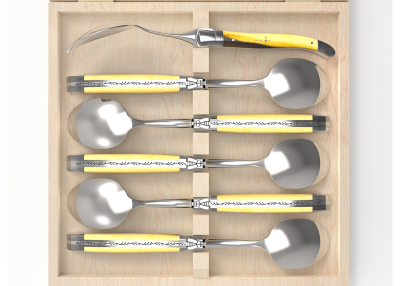 Service de 6 petites cuillères Laguiole avec un manche en bois de pistachier et mitres en acier inoxydable