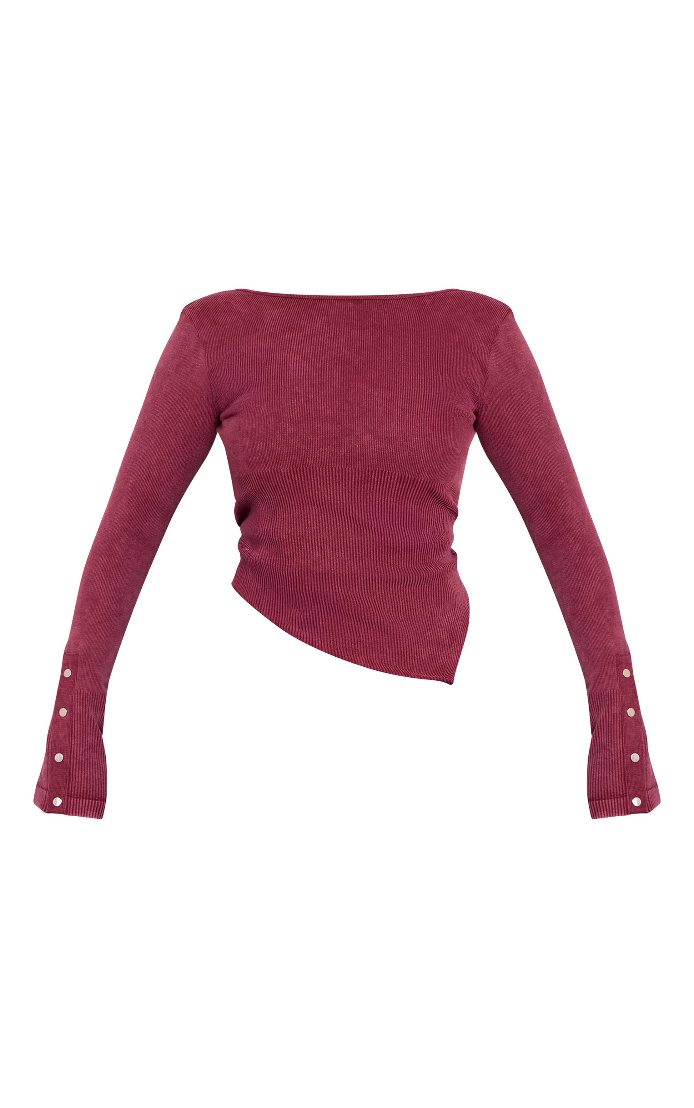 Rouge Bordeaux Haut Petite À Manches Longues Côtelé Contour Avec Détail Boutons Pression Et Dos Ouvert