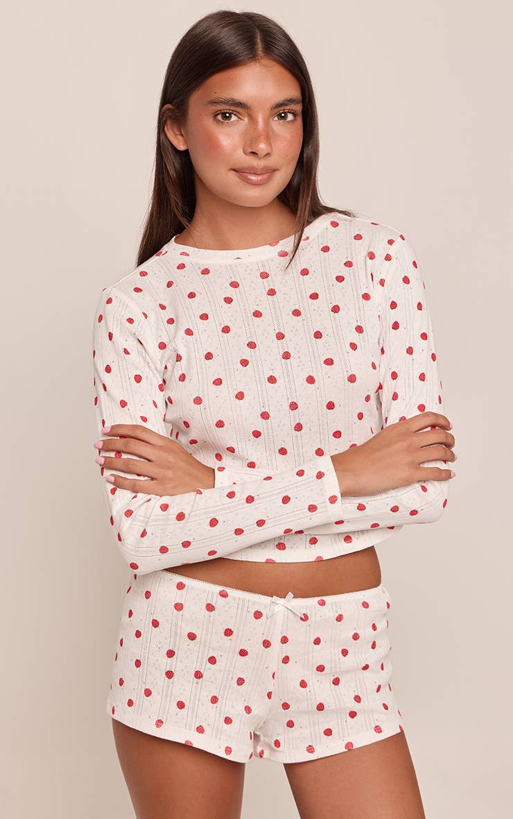 Blanc Haut De Pyjama À Manches Longues En Pointelle Motif Fraise