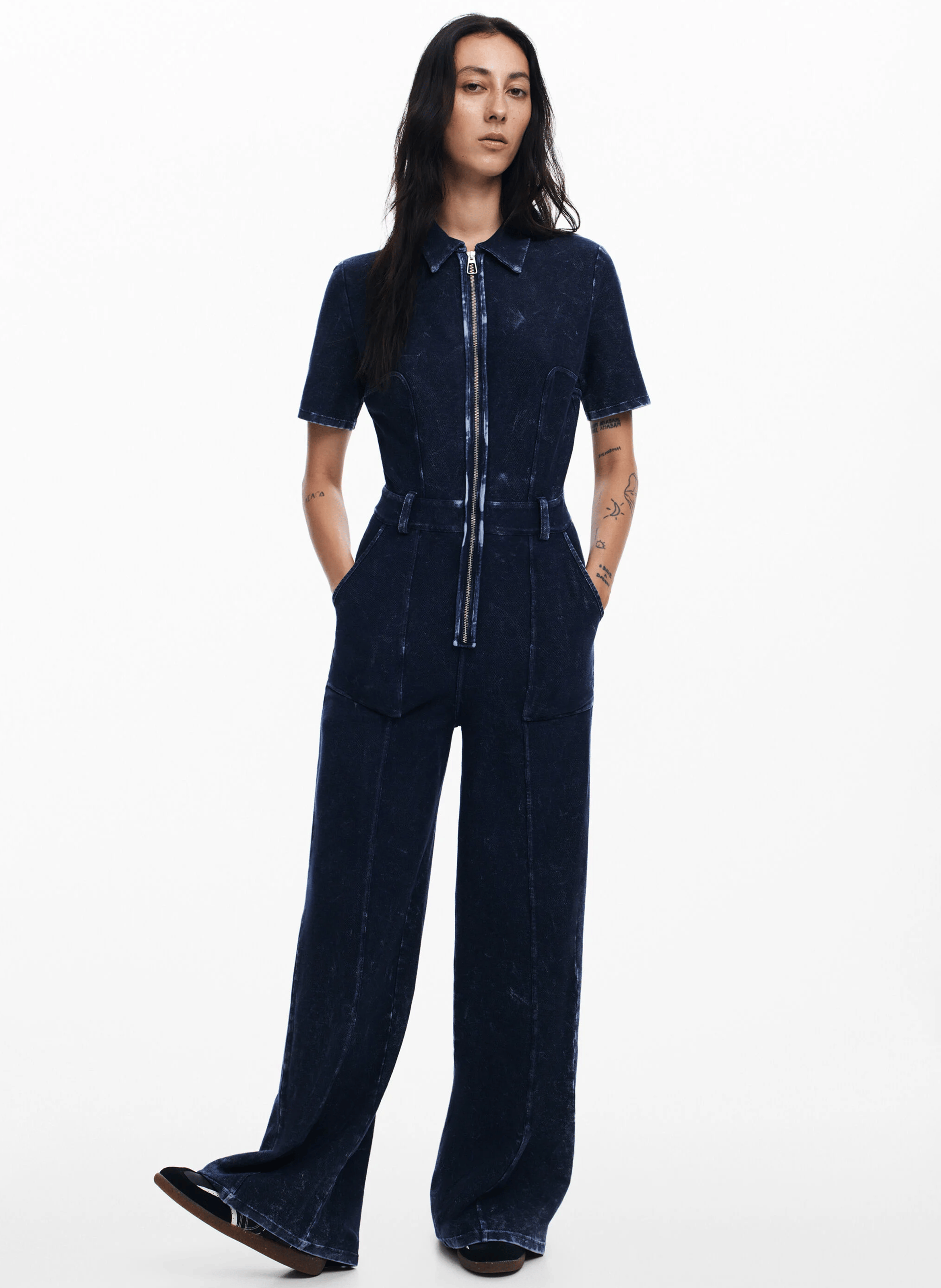 Combinaison col classique en denim de coton mélangé | Bleu