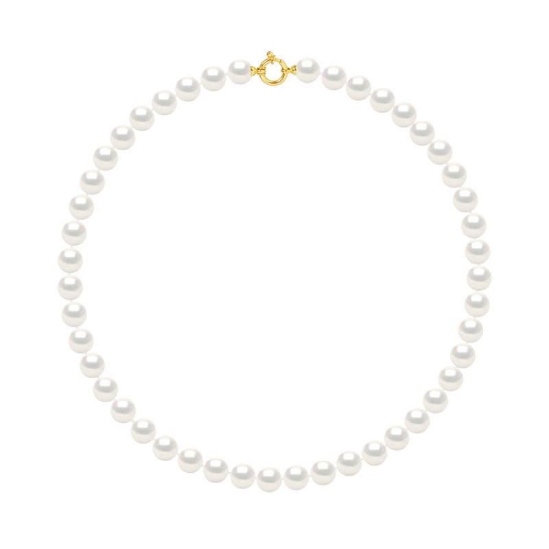 Collier Rang PRINCESSE Perles d'Eau Douce Rondes 9-10 mm Blanches Fermoir Prestige Or Jaune
