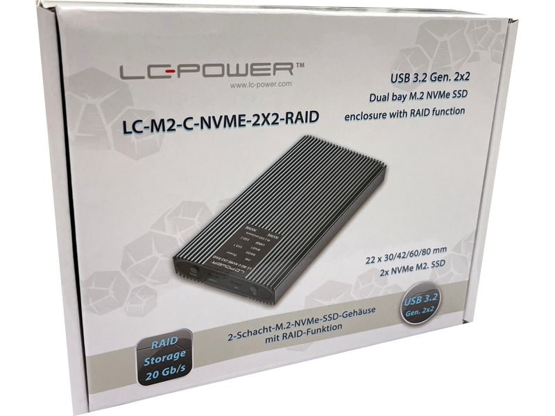 LC-Power Externes Gehäuse LC-M2-C-NVME-2X2-RAID M.2/U.2 SSD Hochwertiges, kompaktes und portables Gehäuse