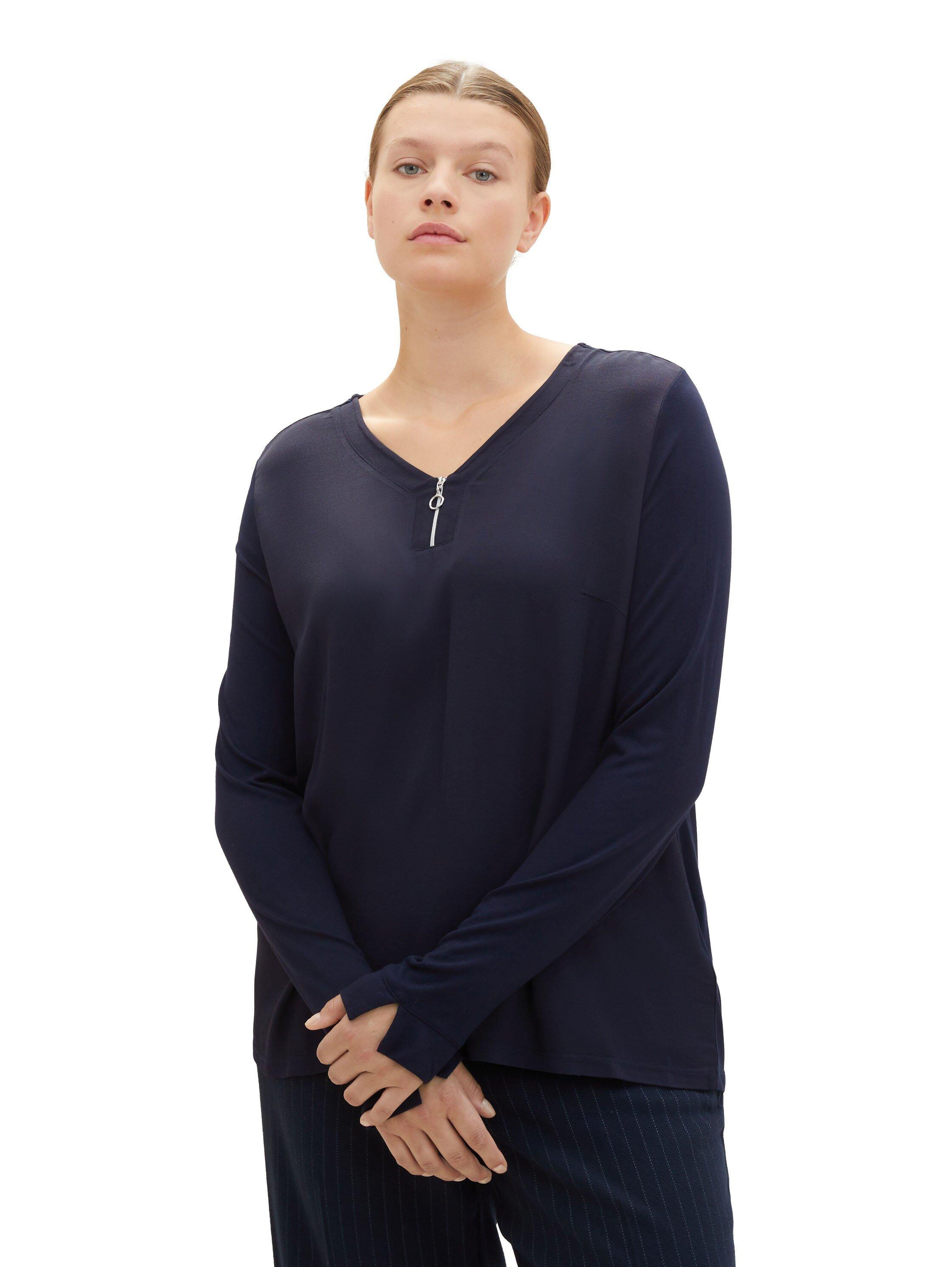 Langarmshirt mit Zipper am V-Ausschnitt