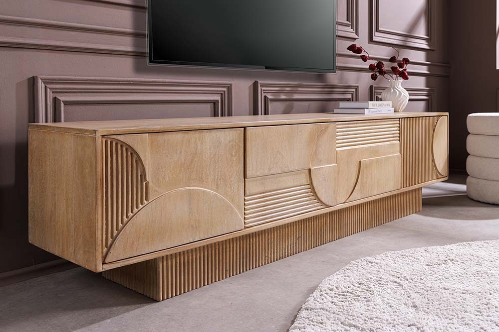 Massives TV-Board ART DECO 200cm weiß gekälkt Mangoholz 3D-Front handmade Lowboard