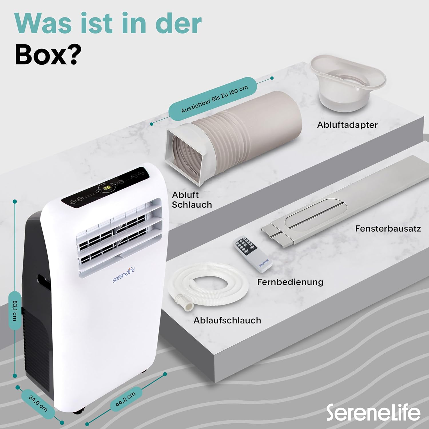 SereneLife Mobile Klimaanlae, Klimagerät, Air Conditioner, 7000 BTU, 2kW- Mobiles Klimagerät- mit Abluftschlauch, 3in1 Luftkühler,Luftentfeuchter & Ventilator, 24h Timer, Fernbedienung, Raumgröße 33m2