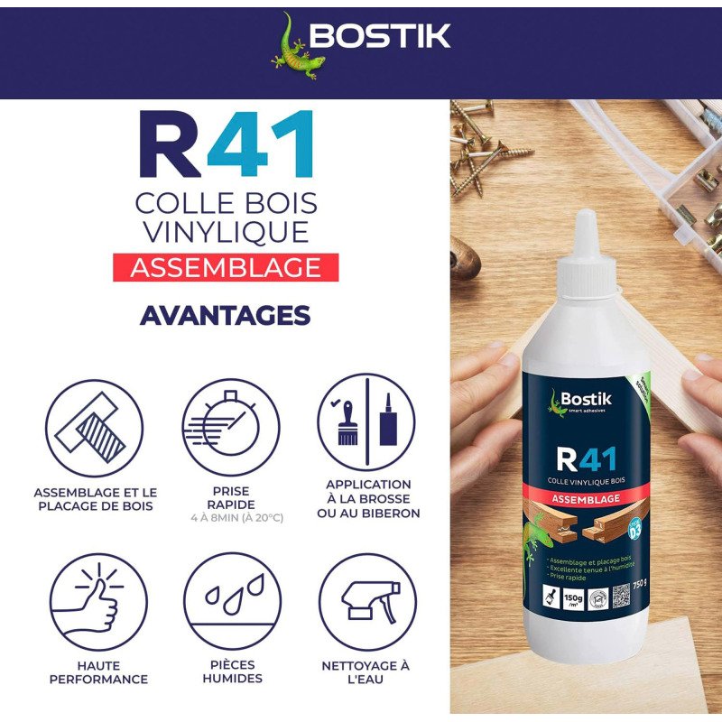 Colle à bois vynilique R41 D3 Bostik - Flacon de 750 g